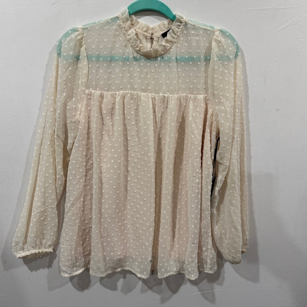 Doe & Rae Cream Swiss Dot Ruffle Neck Babydoll Blouse 9767T Womens Medium NWT